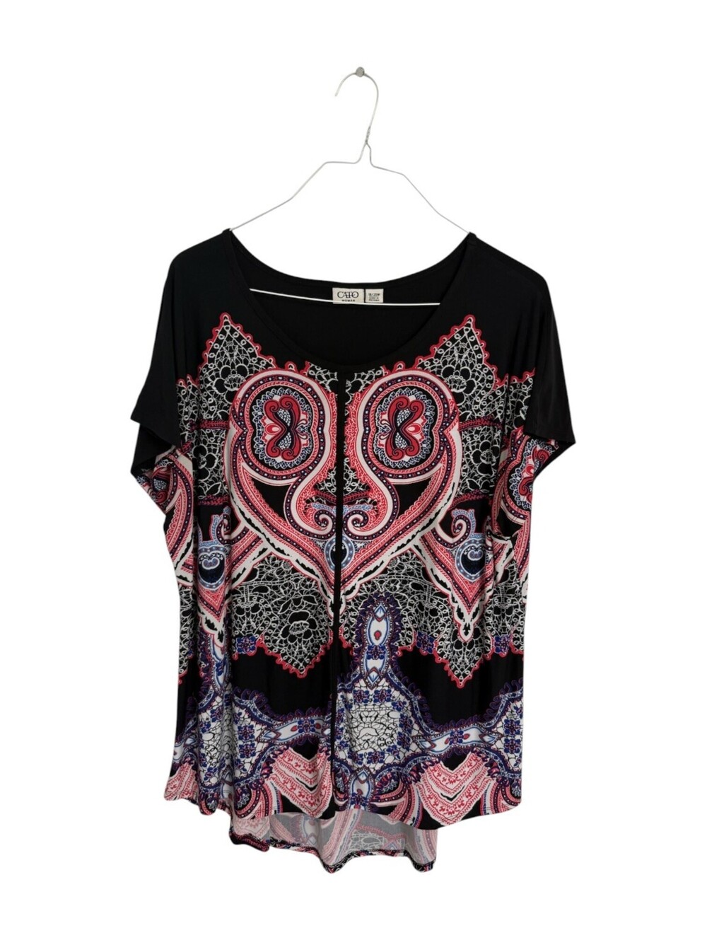 Cato Woman Black & Multicolor Patterned Short Sleeve Blouse 18/20W Boho Paisley